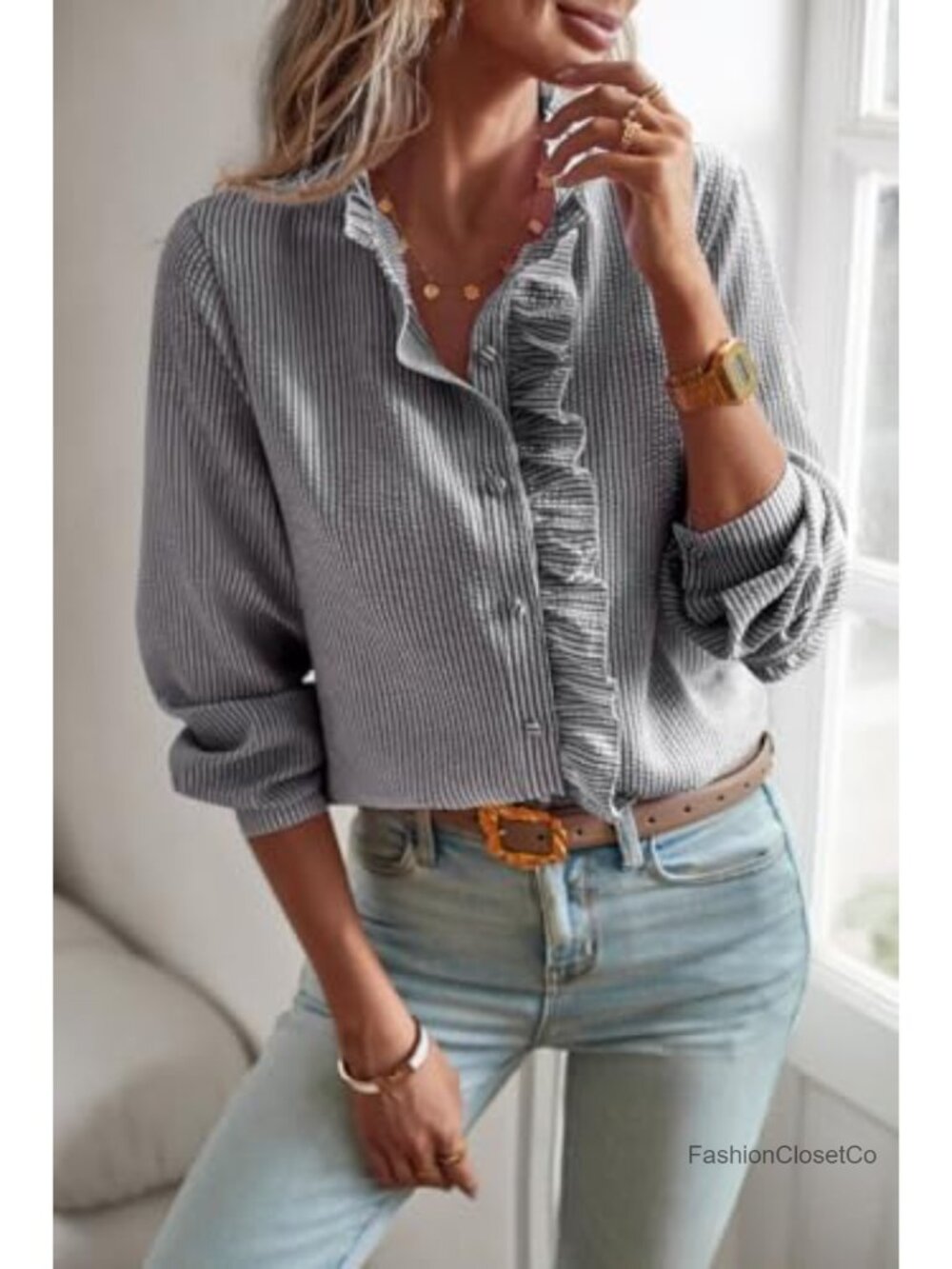 Ruffle Trim Button Up Long Sleeve Blouse Mock Neck Work Shirt - Picture 4 of 6